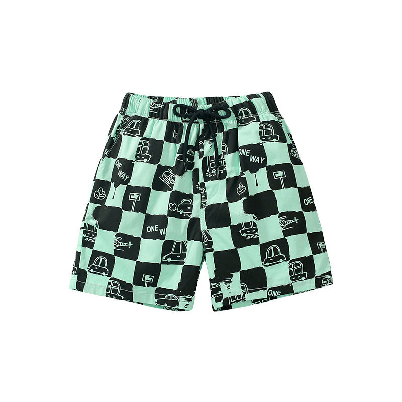 Cartoon Print Checkered Boys' Cotton Shorts