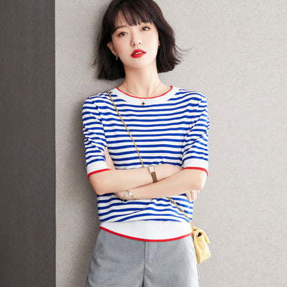 Women's Preppy Style Contrast Colors Short Sleeve Striped Knitted Top