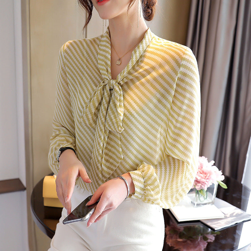 Women's French Style Retro Striped Print V-Neck Ribbon Chiffon Blouse