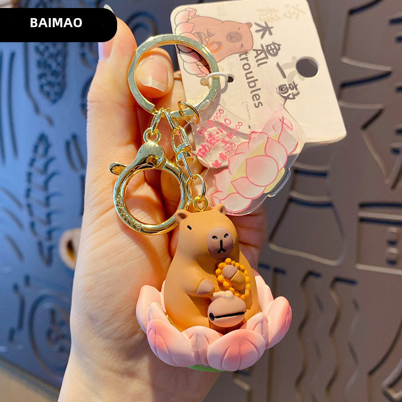 Buddha style Good Luck Lotus Lotus Series Wooden Fish Three Flower Cat Pig Pig Keychain Exquisite Resin Doll Keychain Ring