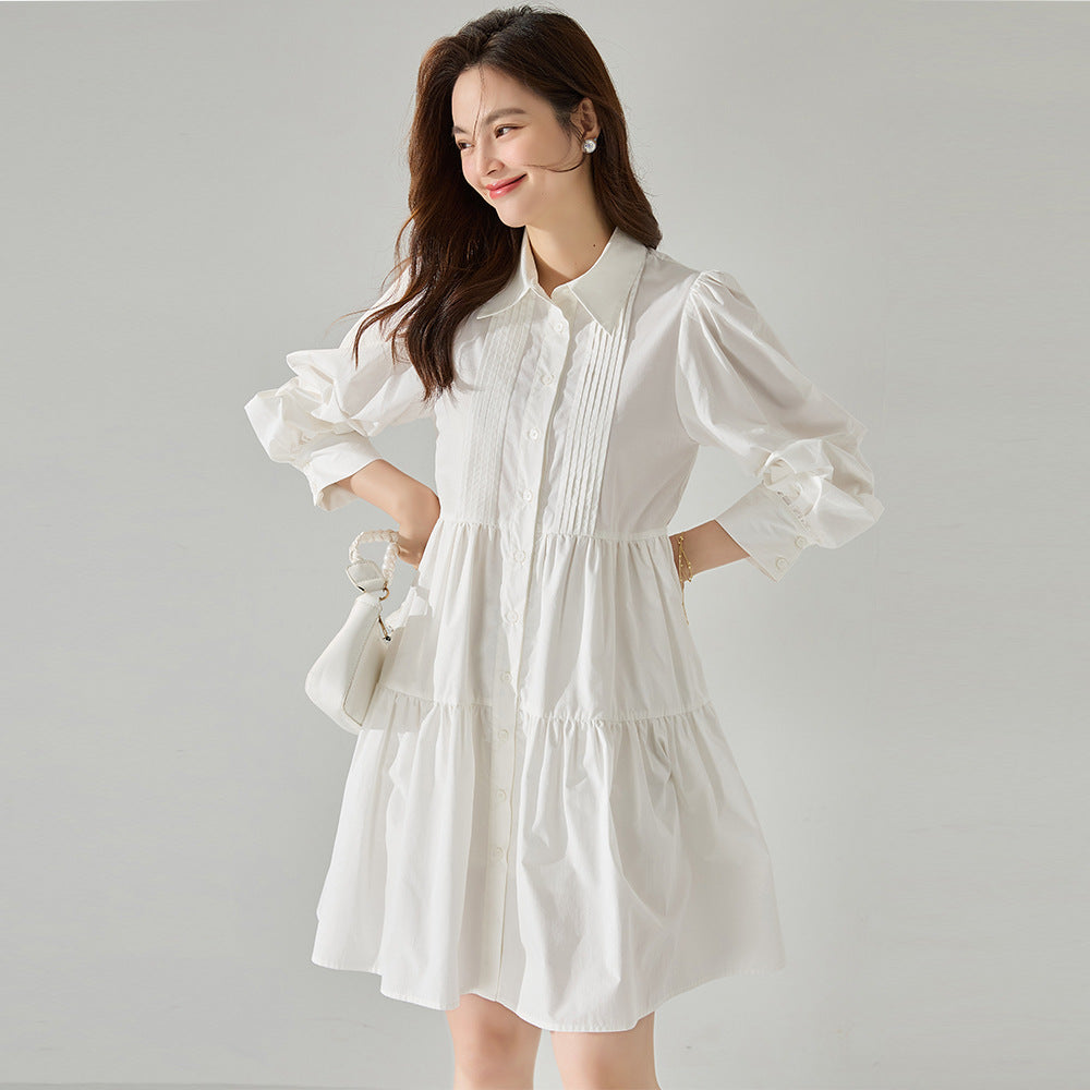 Classic High-Waist White Midi Shirt Dress