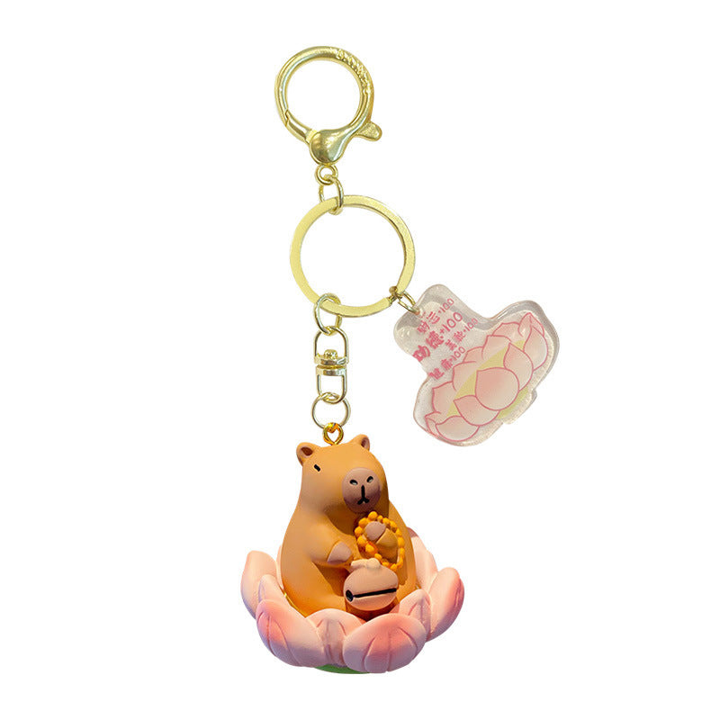 Buddha style Good Luck Lotus Lotus Series Wooden Fish Three Flower Cat Pig Pig Keychain Exquisite Resin Doll Keychain Ring