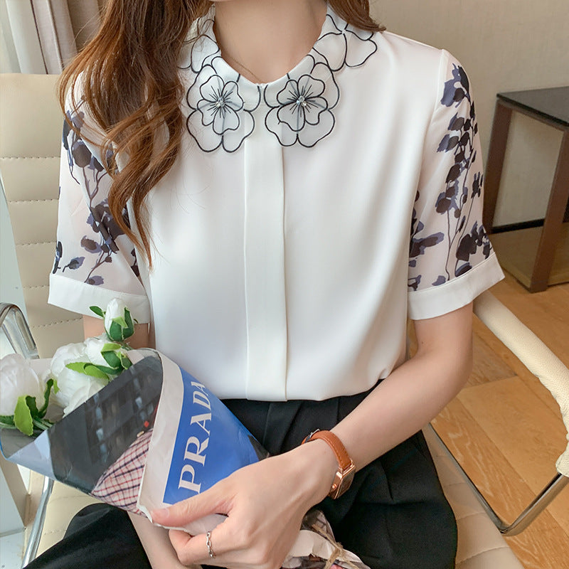 Women's Korean Style Babydoll Collar Short Sleeve Blouse