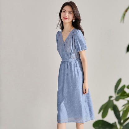 Blue Tencel Jacquard Tie-Waist Midi Dress