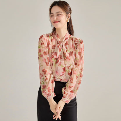 Whimsical Floral Tie-Neck Chiffon Blouse