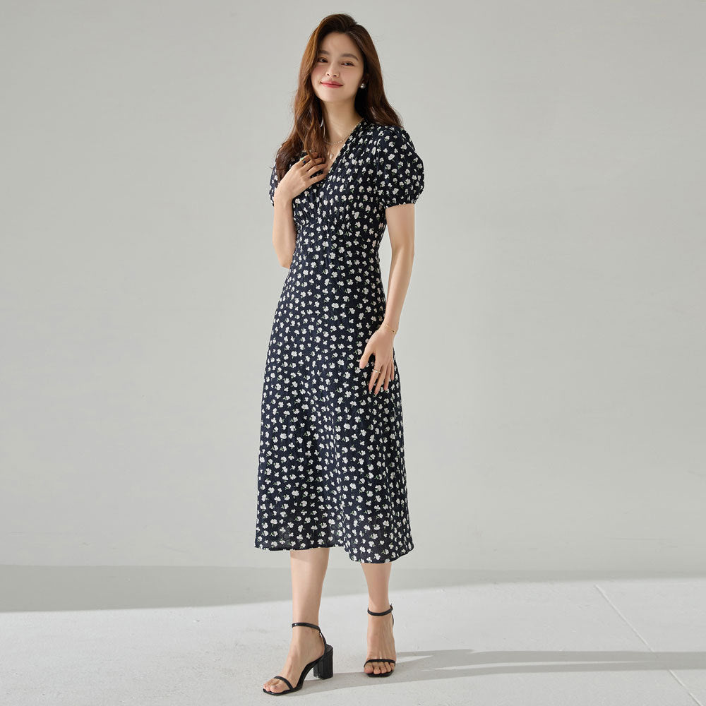 Retro Floral Ruched Midi Dress