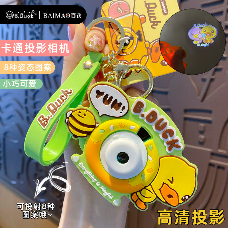 Yellow Duck Projection Luminous Camera Keychain Cartoon Cute Multi functional Camera Keychain Pendant