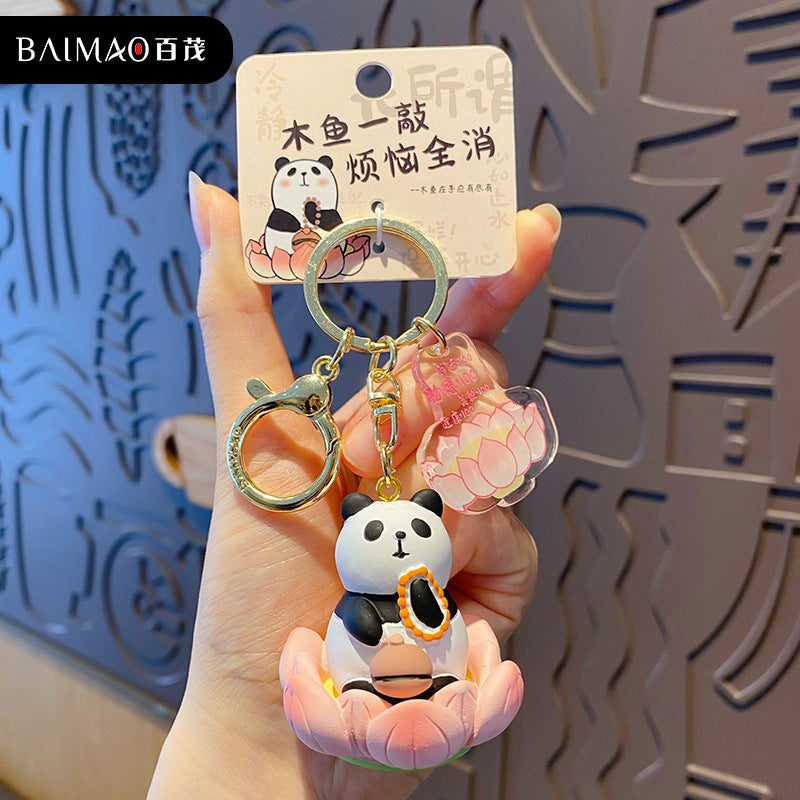 Wooden Carving Panda Keychain Pendant Cute Plush Doll Buddha style Wooden Fish Knocking Relief Ornament