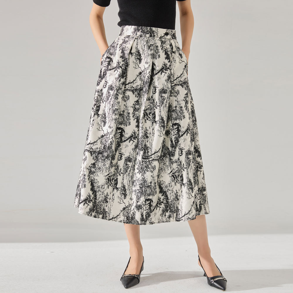 Elegant Pleated Floral A-Line Skirt