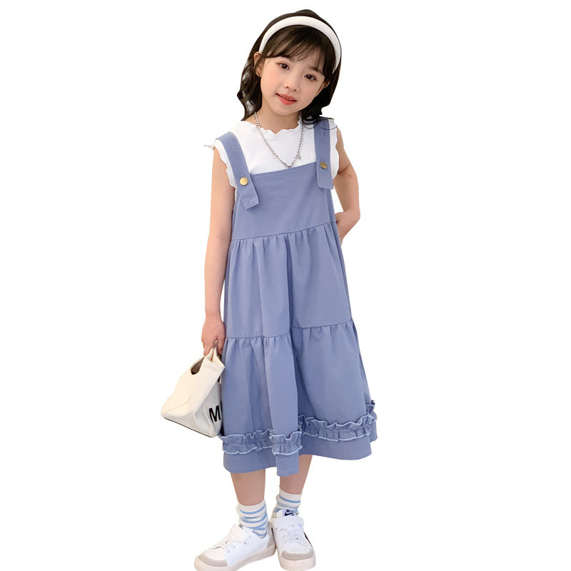 Girls' Plain Color Tank Top and Suspender Cake Dress Two Pieces Set