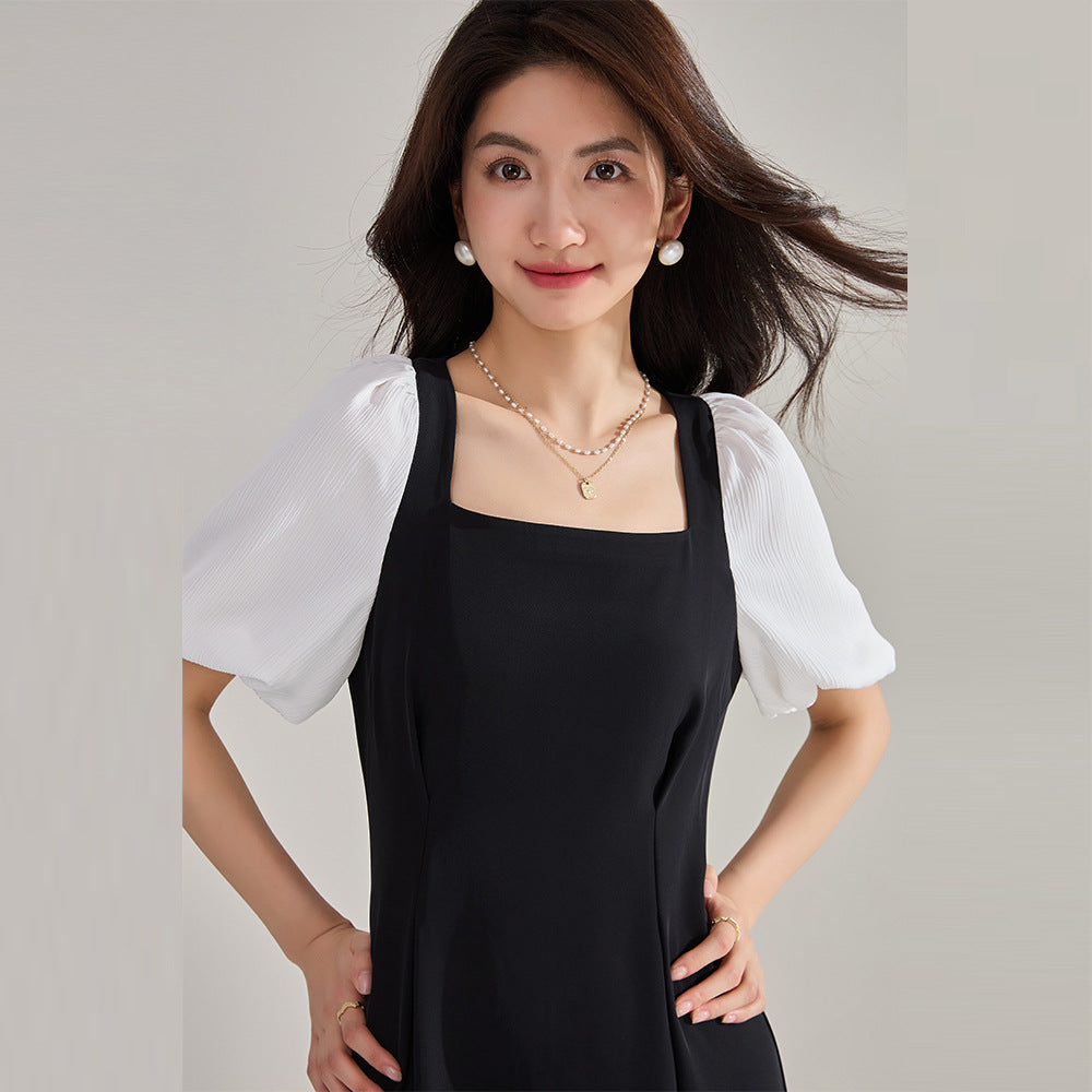 Elegance French Square Neck Puff Sleeve Black Dress - SUNJIMISE Singapore Elegance French Square Neck Puff Sleeve Black Dress - SUNJIMISE Singapore