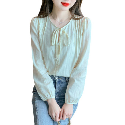 Women's Loose Solid Color Long Sleeve Blouse with Puff Sleeves and Lace-Up Round Neck