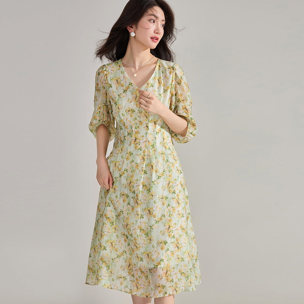 Meadow Green V-Neck Floral Dress