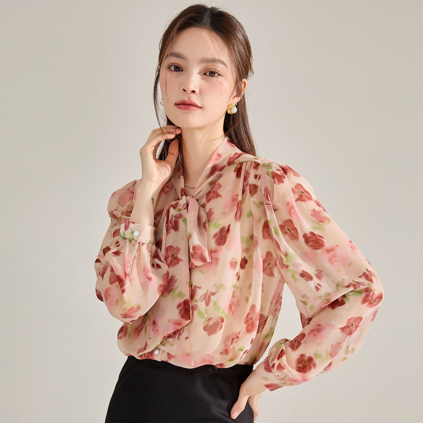 Whimsical Floral Tie-Neck Chiffon Blouse