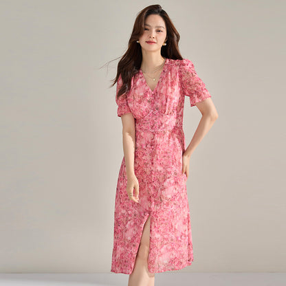 Chic French Pink Chiffon Slit Floral Midi Dress