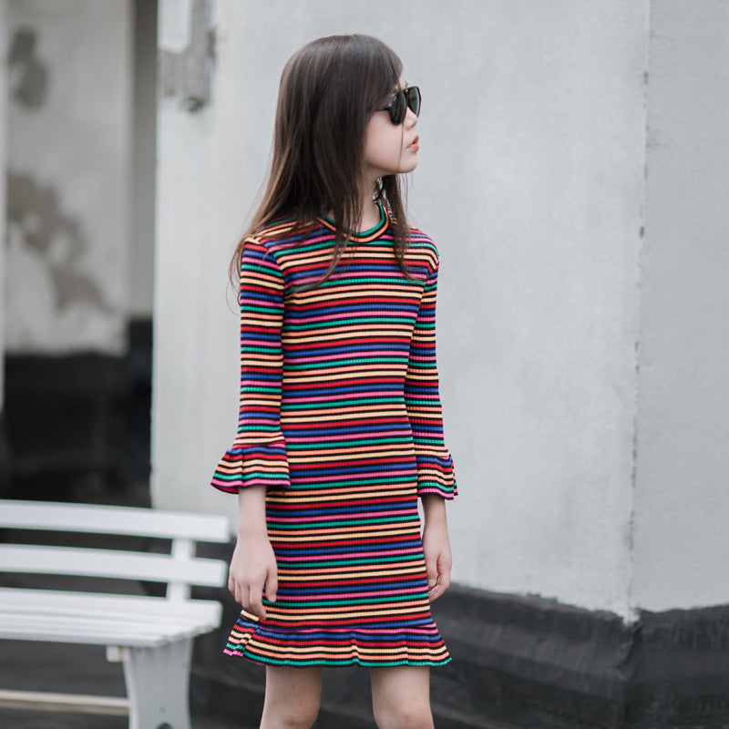 Striped Bell-Sleeve Princess Dress