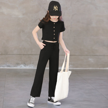 Korean Style Girls' Plain Color Top and Pants Two Pieces Set