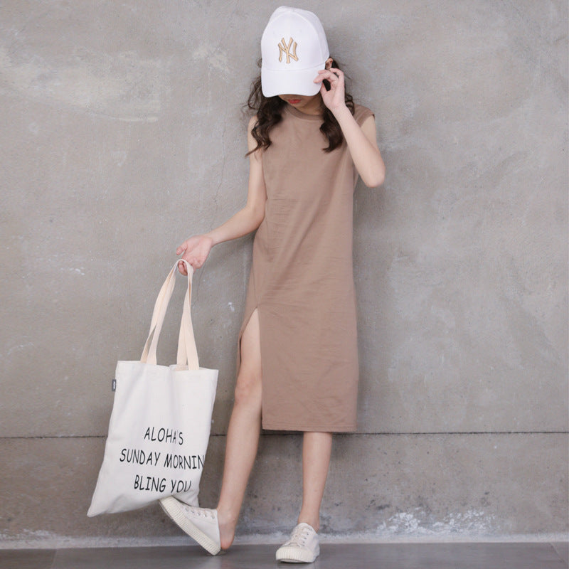 Casual Girls' Plain Color Slit Sleeveless T-shirt Dress