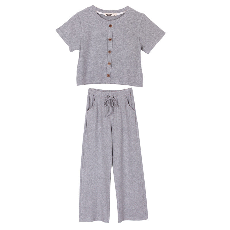 Korean Style Girls' Plain Color Top and Pants Two Pieces Set