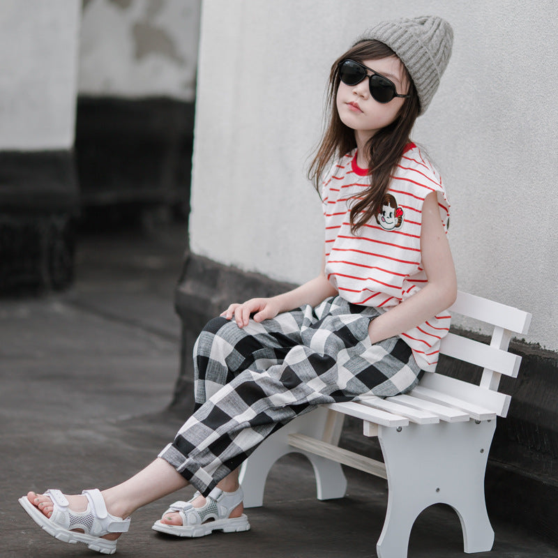 Girls' Chic Plaid Pants and Striped T-shirt Two Pieces Set