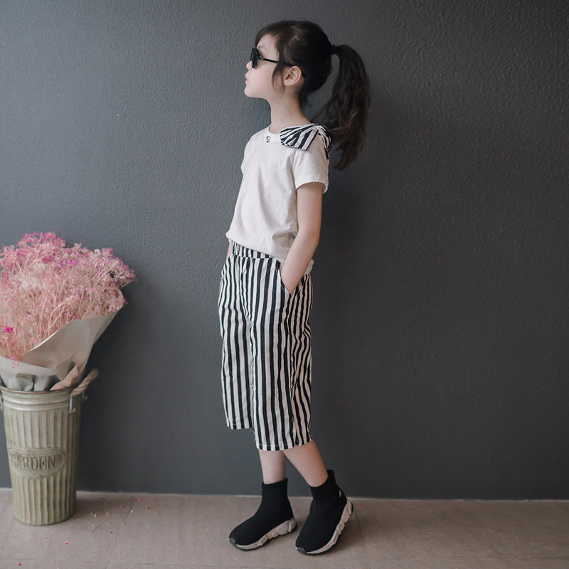Striped Wide-Leg Pants and Tee Two Pieces Set