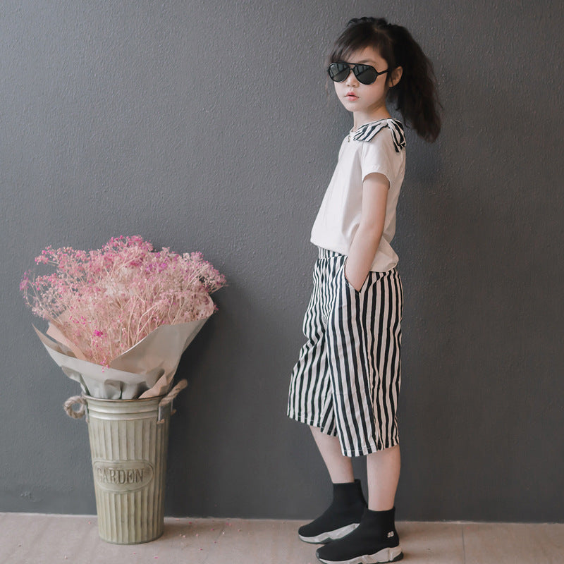 Striped Wide-Leg Pants and Tee Two Pieces Set