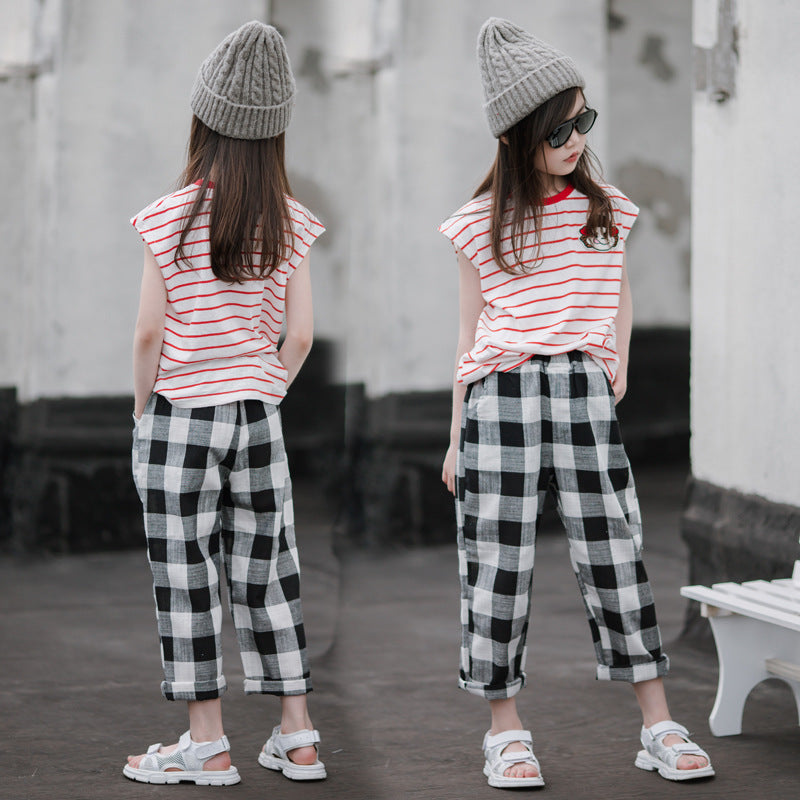 Girls' Chic Plaid Pants and Striped T-shirt Two Pieces Set