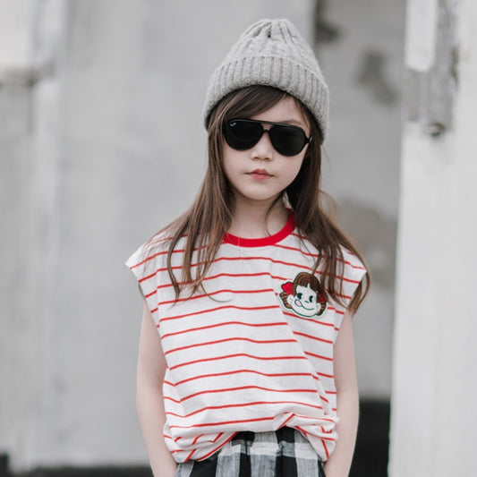 Girls' Chic Plaid Pants and Striped T-shirt Two Pieces Set