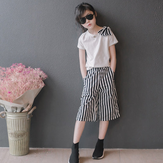 Girls' Striped Wide-Leg Pants and Tee Two Pieces Set