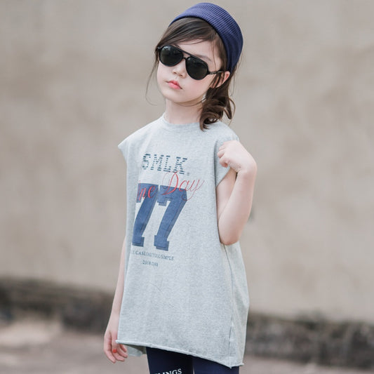 Girls' Sleeveless Long T-shirt and Tights Two Pieces Set