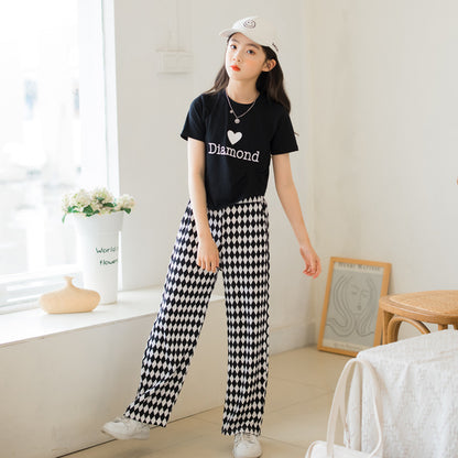 Girls' Checkered T-shirt and Pants Two Pieces Set Girls Clothes