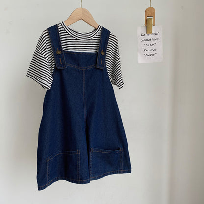 Korean Style Girls' Striped T-shirt and Denim Suspender Pants Outfit
