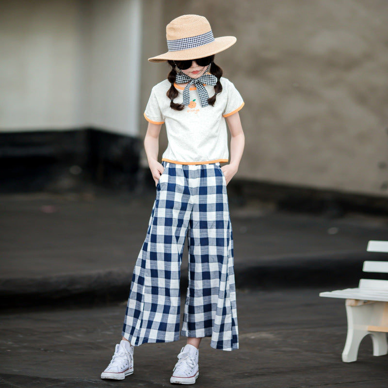 Plaid Wide-leg Pants and Cartoon T-shirt Two Pieces Set