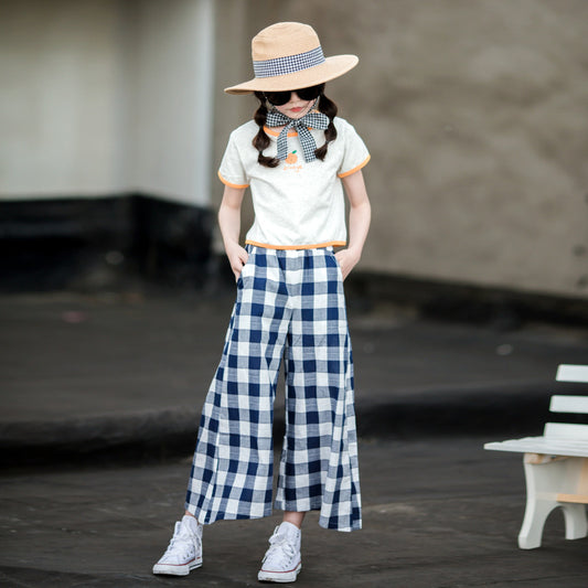 Girls' Plaid Wide-leg Pants and Cartoon T-shirt Two Pieces Set