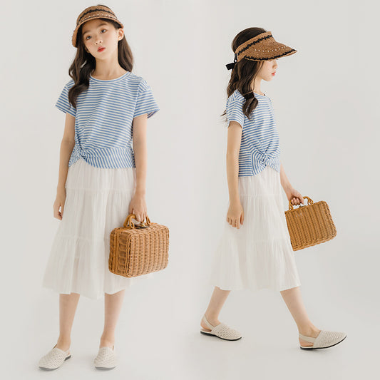 Korean Style Girls' Striped T-shirt and White Skirt Outfit