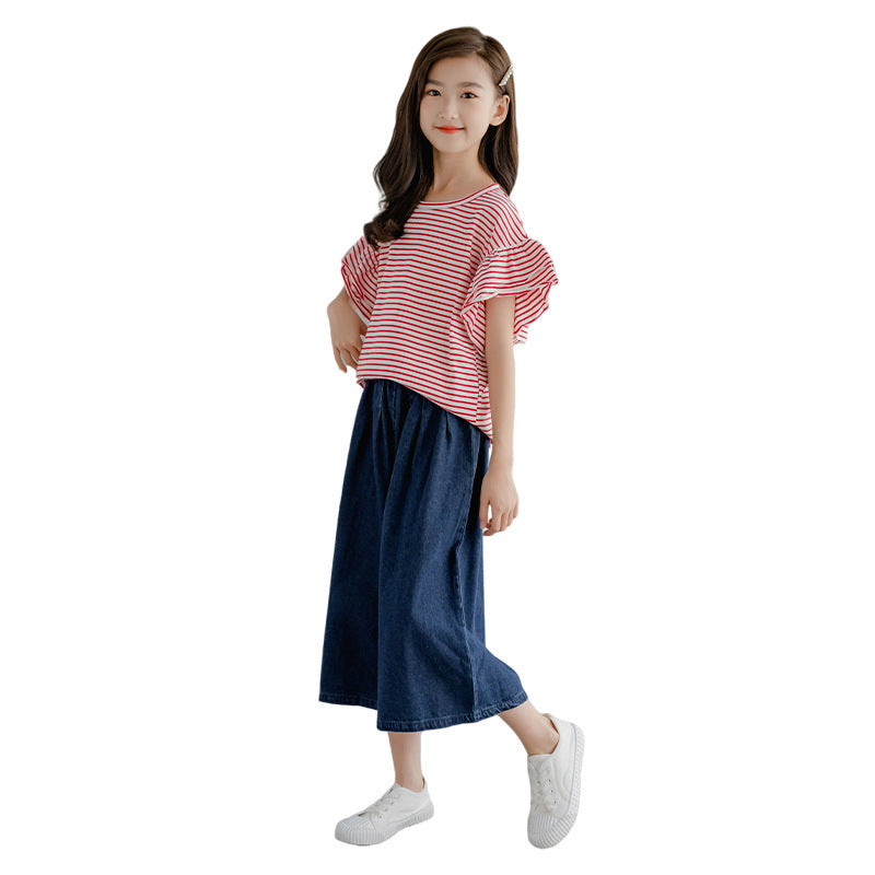 Korean Style Girls' Striped T-shirt and Denim Wide-leg Pants