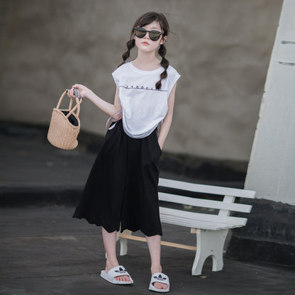 Girls' Chic Drawstring Pants and T-shirt Two Pieces Set