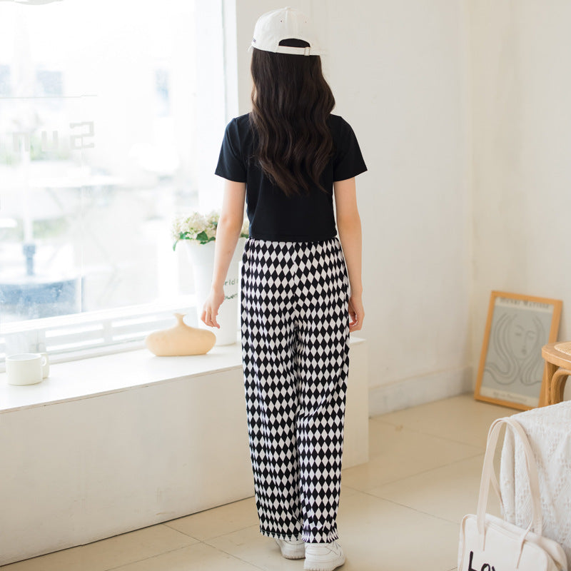 Girls' Checkered T-shirt and Pants Two Pieces Set