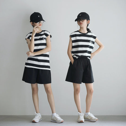 Korean Style Girls' Striped Vest T-shirt and Black Shorts
