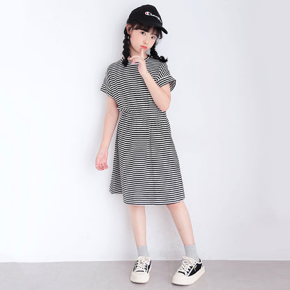 Korean Style Girls' Elastic Waist Striped T-shirt Dress