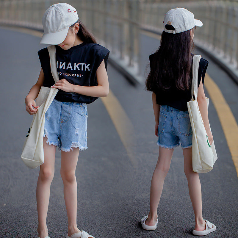 Korean Style Girls' Letter Prints T-shirt and Ripped Denim Shorts Two Pieces Set