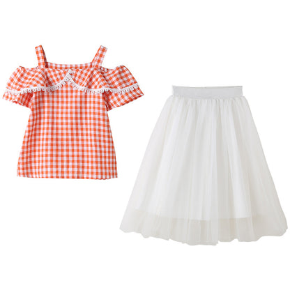 Girls' Checkered Strap Top with Puffy Skirt Two Pieces Set