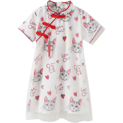 Cheongsam Style Kitten Printed Dress