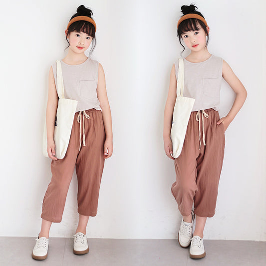 Korean Style Girls' Plain Color Vest and Capri Pants