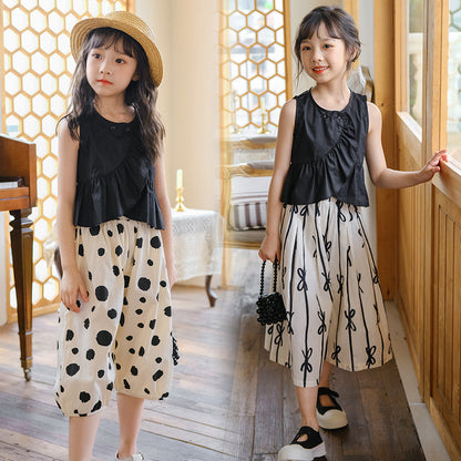 Korean Style Girls' Lotus Leaf Vest and Fashion Prints Capri Pants