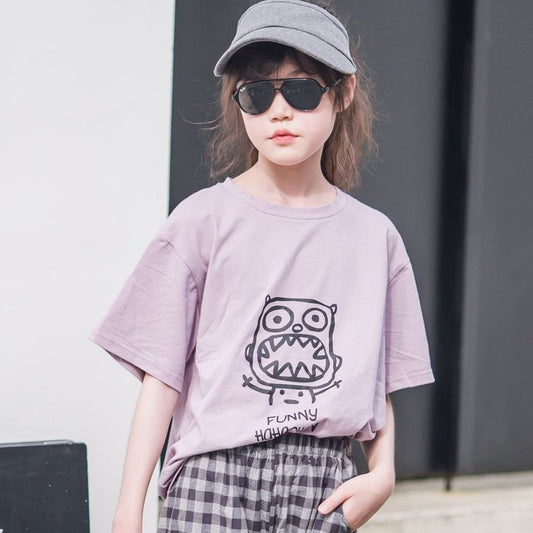 Girls' Casual Short Sleeve T-shirt and Plaid Pants