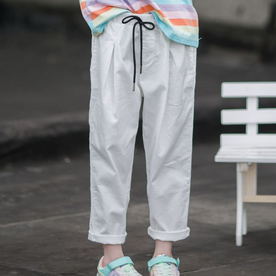 Drawstring Solid Color Pants and Striped T-shirt