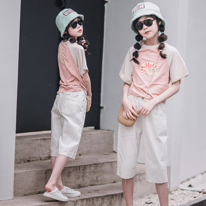 Girls' Denim Capri Pants and Short Tee – SUNJIMISE Kids Fashion
