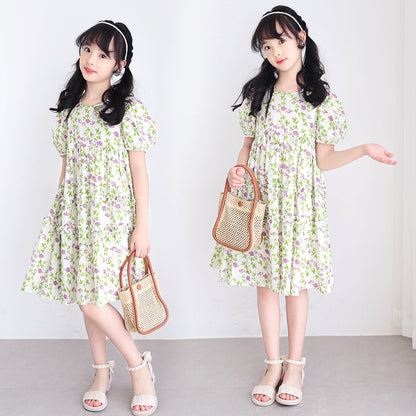 Korean Style Girls' Puff Sleeves Floral Print Princess Dress