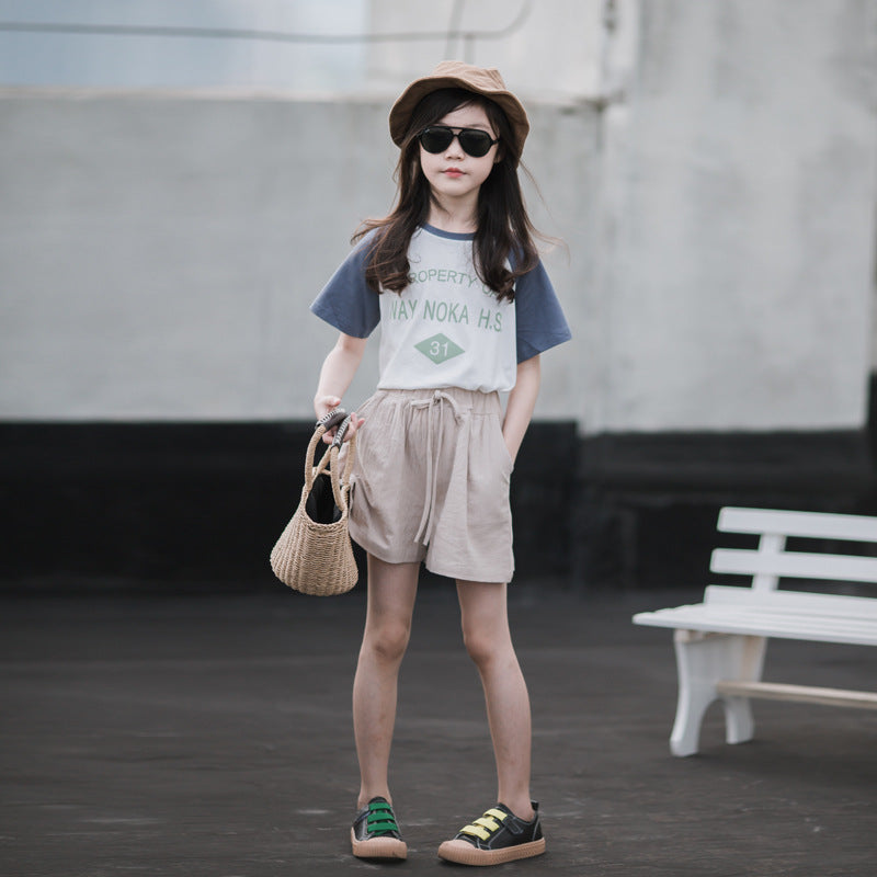 Drawstring Shorts and Letter Print T-shirt Two Pieces Set for Girls